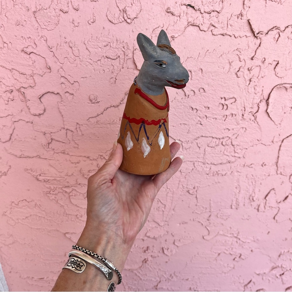 Vintage Mexican Folk Art Terracotta Hand Painted Donkey Bell